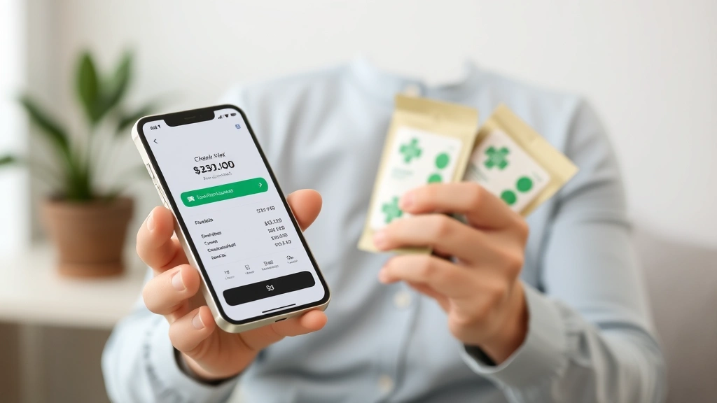 Individual checking account balance on smartphone while holding OTC health product packages, professional indoor setting with neutral background