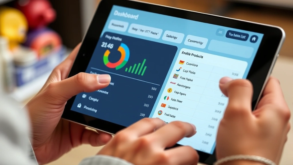 Close-up of hands reviewing a digital health insurance dashboard on a tablet showing OTC benefit balance and eligible products list