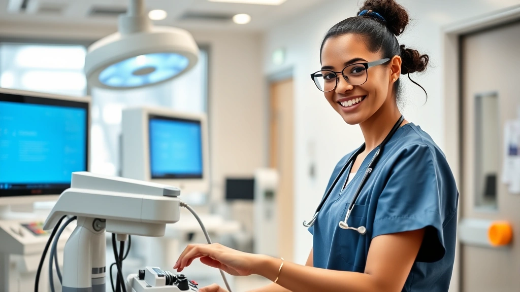 Modern healthcare professional in clinical setting wearing scrubs, smiling while working with medical equipment in a bright, contemporary hospital environment