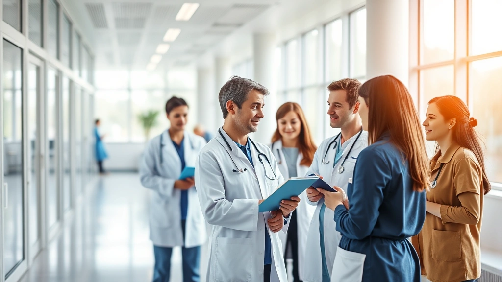 Modern healthcare facility with professionals collaborating in a bright, welcoming environment, natural lighting through large windows, diverse team members
