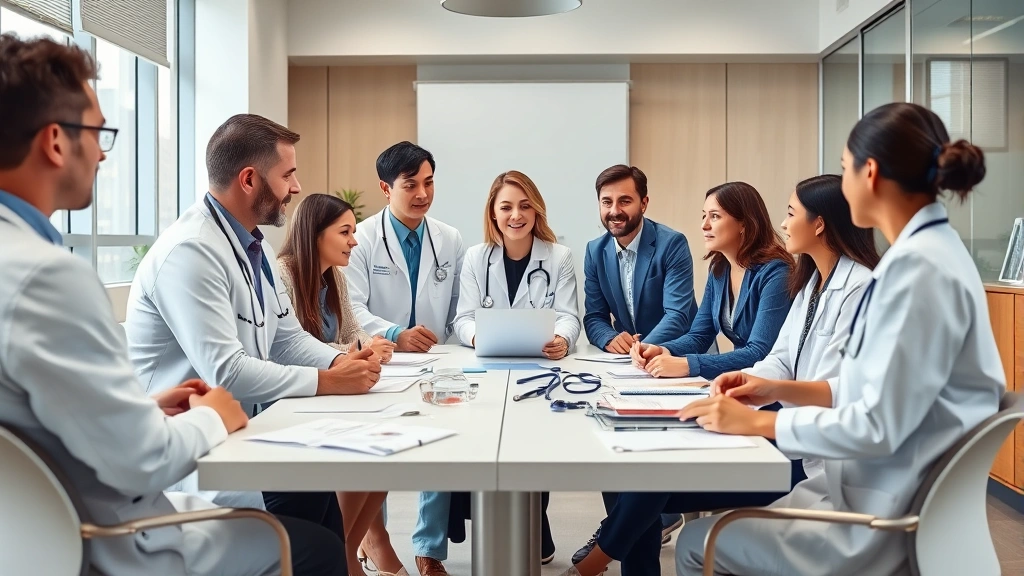 Diverse group of healthcare professionals in a collaborative team meeting, discussing patient care around a conference table in a modern medical office