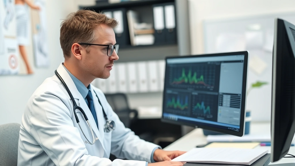 Healthcare administrator reviewing data on computer screen in a professional office setting with medical charts and organizational materials visible