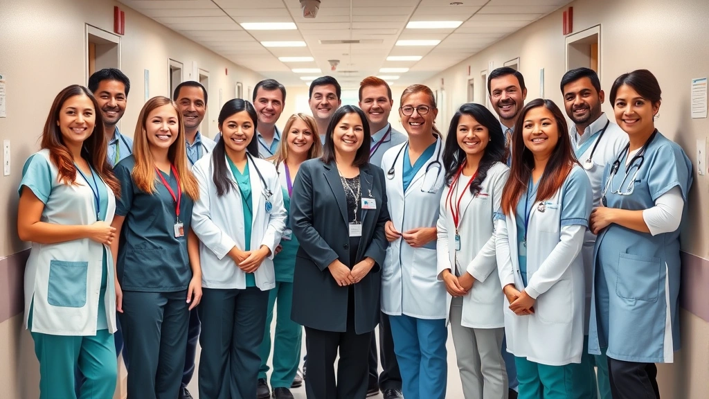 Group of healthcare professionals in scrubs and business attire standing together in a hospital hallway, smiling, diverse team, collaborative atmosphere
