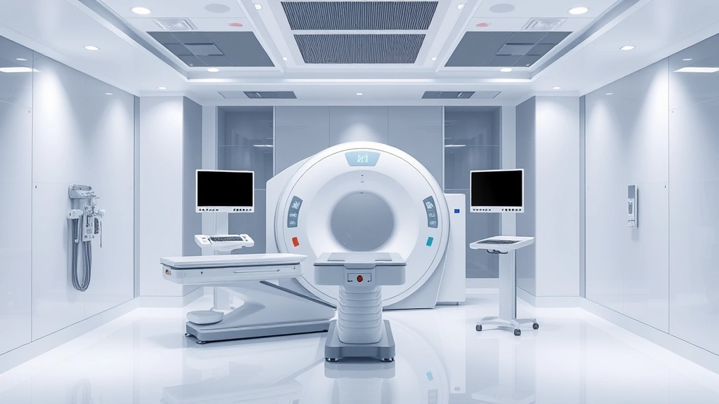 Advanced medical imaging room featuring MRI or CT scanner equipment, clinical sterile environment, modern diagnostic technology, no people or text