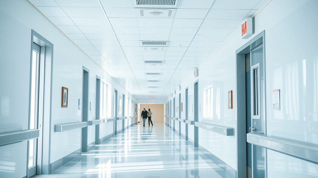 Hospital corridor with bright natural lighting, contemporary architecture, clean professional hallway, medical care setting, no visible signage or people