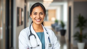 Professional female doctor in white coat with stethoscope, smiling warmly in modern medical office with soft natural lighting and blurred background