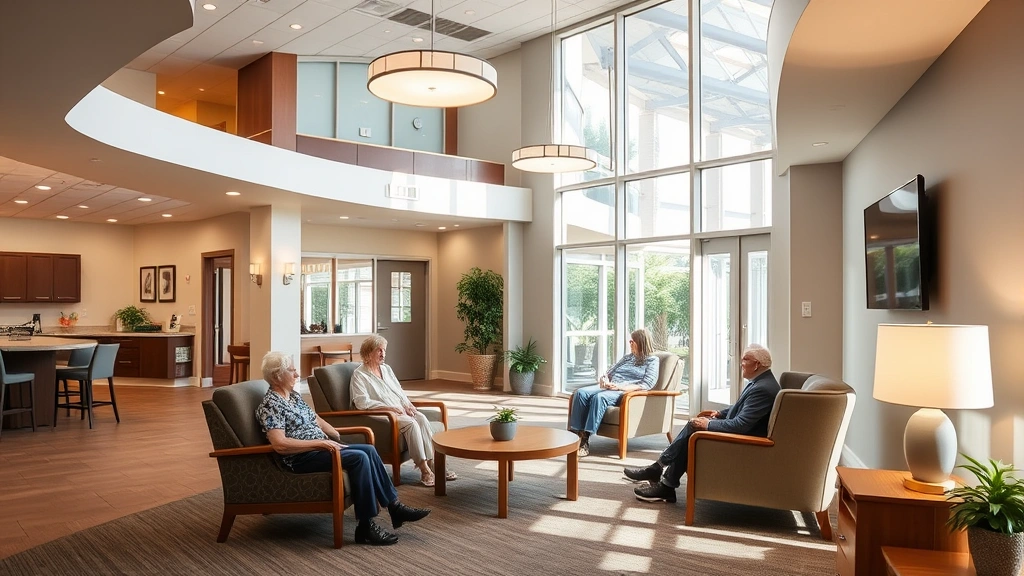 Modern skilled nursing facility interior with comfortable common area, natural lighting, and residents in comfortable seating, warm and welcoming environment
