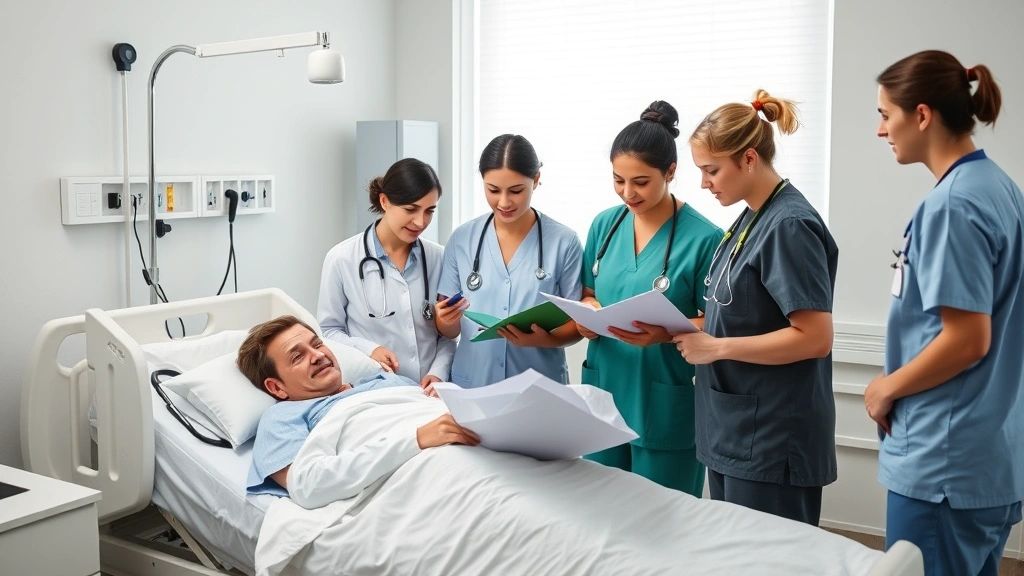 Healthcare professionals collaborating around patient bedside, diverse team of nurses and therapists reviewing medical charts together