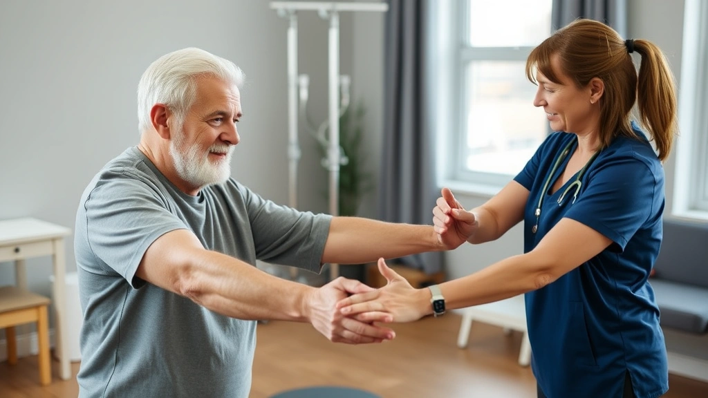 Senior resident participating in physical therapy session with licensed therapist, demonstrating mobility exercises and recovery progress