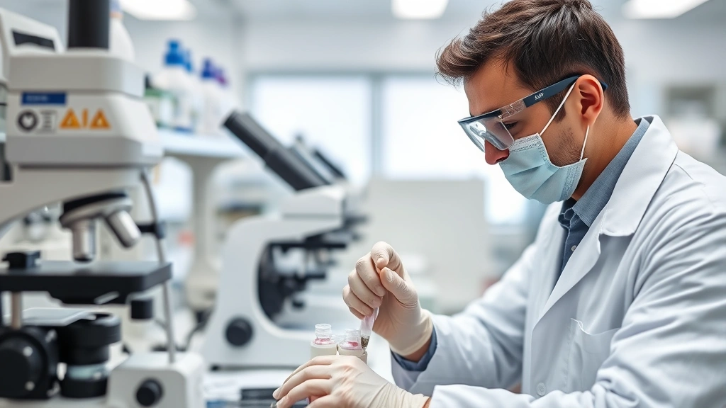 Professional epidemiologist working in a modern laboratory with microscopes and analytical equipment, examining samples with focused concentration