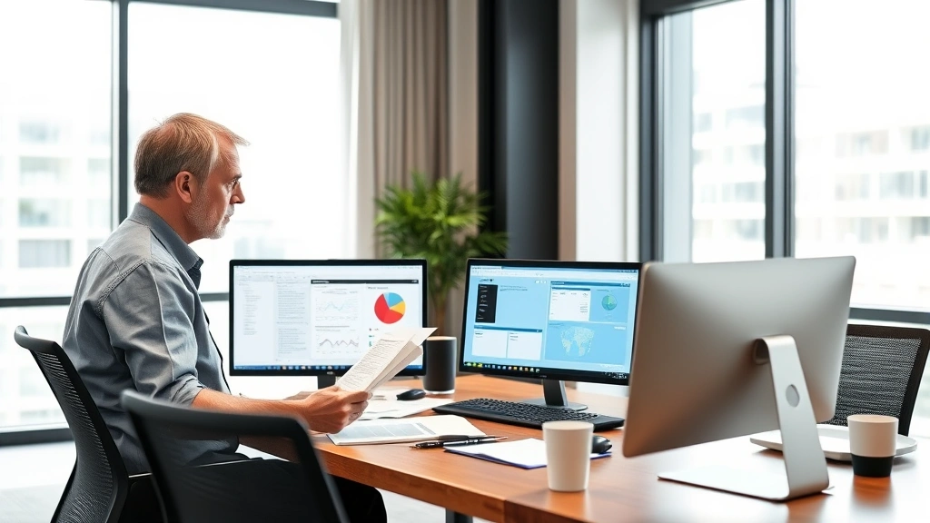 Health administrator in a contemporary office setting reviewing documents and data on computer screens during a strategic planning meeting