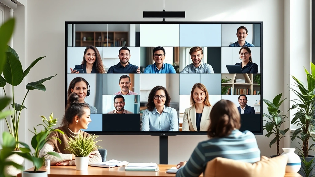 Diverse team of public health professionals in virtual meeting on large screen, collaborative energy, modern home office environment with plants and natural light