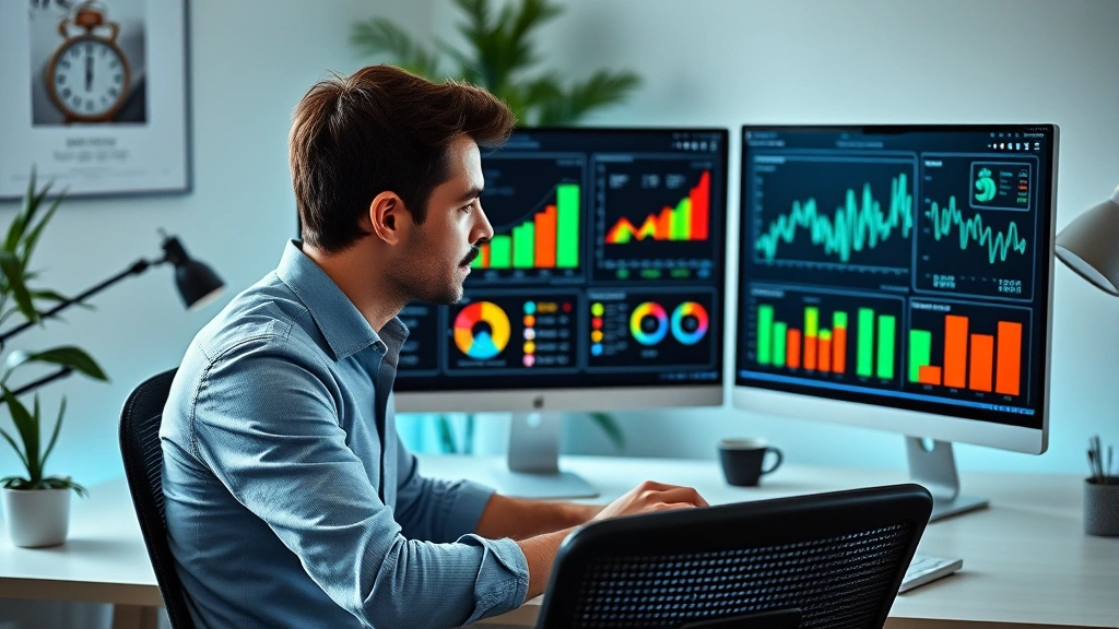 Data analyst reviewing colorful health statistics visualizations on computer screen, focused expression, minimalist home workspace with ergonomic setup