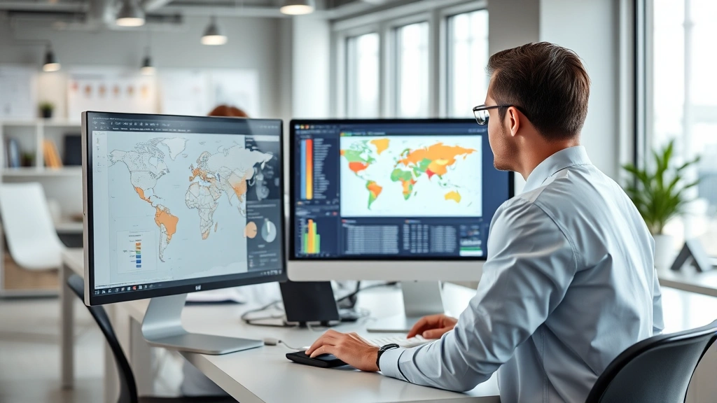 Health data analyst reviewing complex epidemiological datasets and disease surveillance maps on desktop computer in contemporary workspace