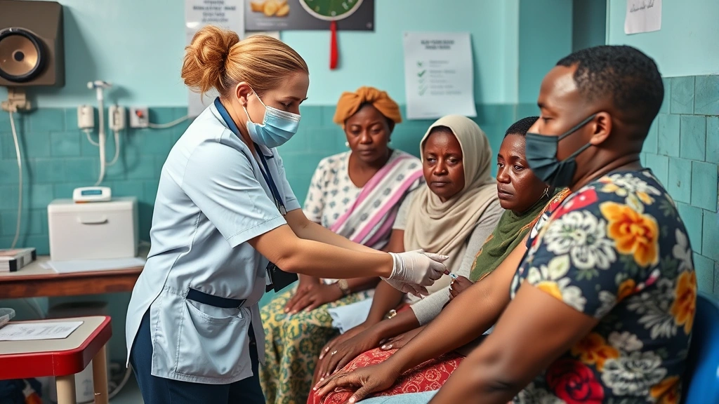 Public health nurse administering vaccines to diverse community members in a colorful community health clinic setting with medical equipment visible