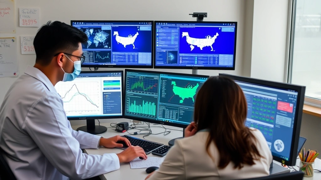 Epidemiologist analyzing disease surveillance data on computer screens with colleagues reviewing health statistics and outbreak information