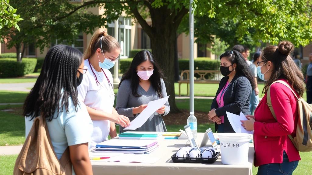 Community health outreach event with nurse educators providing health screening services and wellness information to diverse populations outdoors