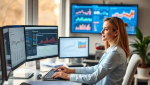 Professional woman working at home office desk with multiple monitors displaying health data dashboards and epidemiological charts, warm natural lighting from window, calm focused expression