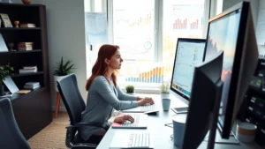 Professional woman analyzing epidemiological data on multiple computer monitors in a bright home office, surrounded by charts and health statistics visualizations