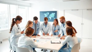 Diverse healthcare professionals collaborating around a table with charts and data visualizations, bright modern clinic setting with natural light