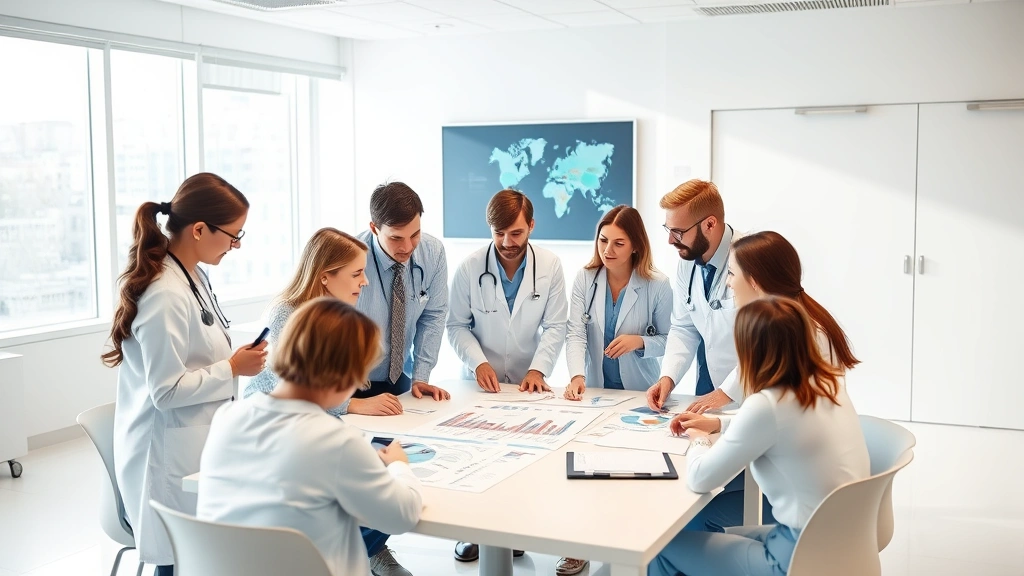 Diverse healthcare professionals collaborating around a table with charts and data visualizations, bright modern clinic setting with natural light