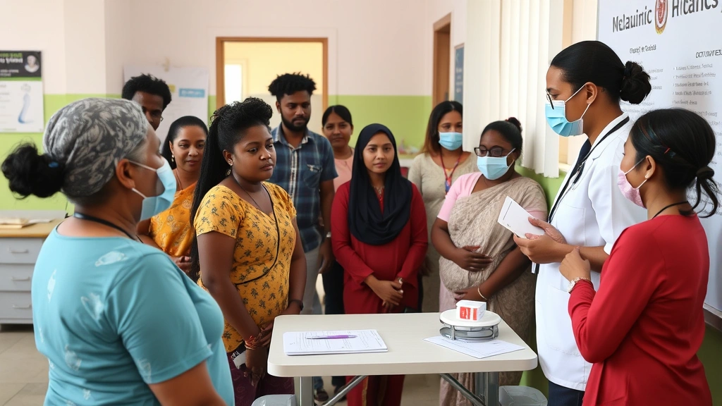 Community members receiving health screening or vaccination services in a welcoming clinic environment, multicultural group interacting with healthcare providers