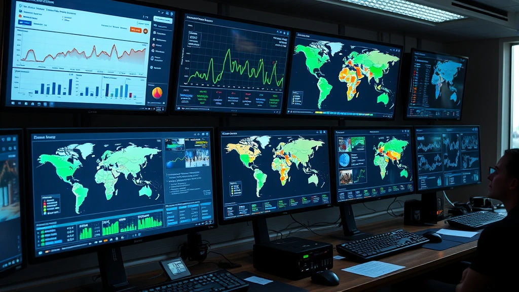 Public health data dashboard on computer screens showing health metrics and disease surveillance maps, professional monitoring station with multiple displays