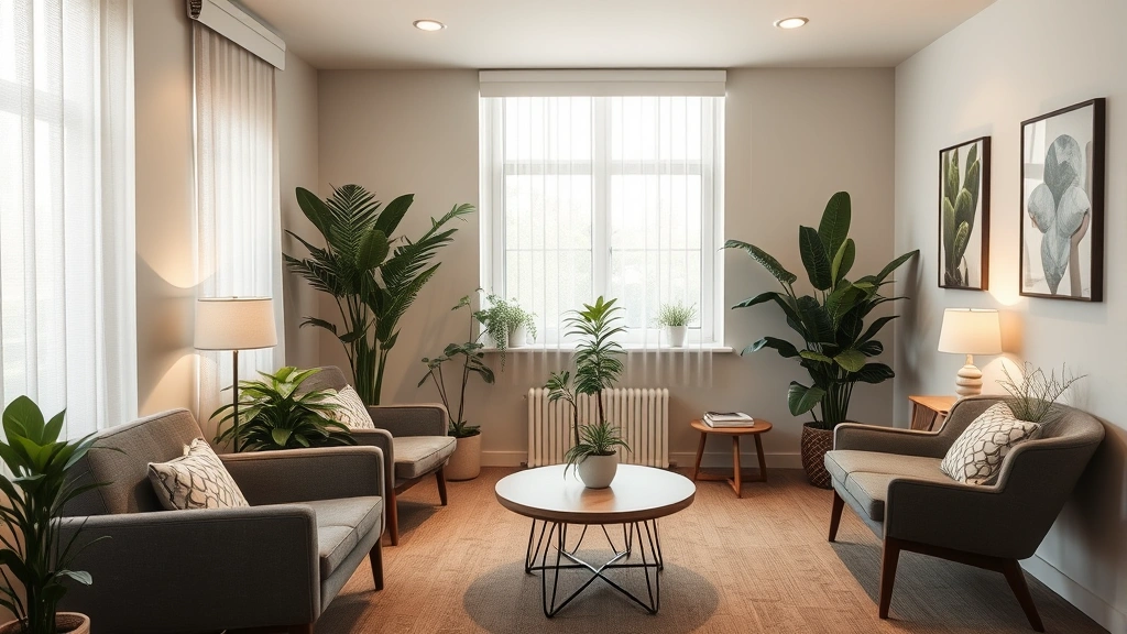 Calm professional therapist's office with comfortable seating, soft lighting, plants, and peaceful ambiance without text or signage
