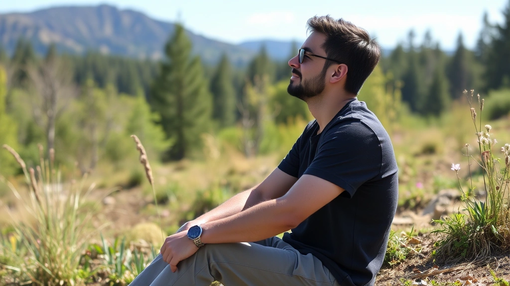 Person sitting in peaceful outdoor setting surrounded by nature, appearing relaxed and contemplative with clear sky background
