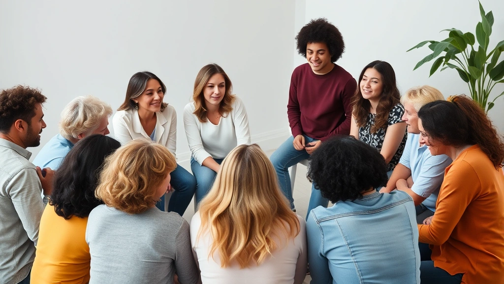 Diverse group of people in supportive circle during group therapy session, showing genuine connection and comfort without visible faces clearly
