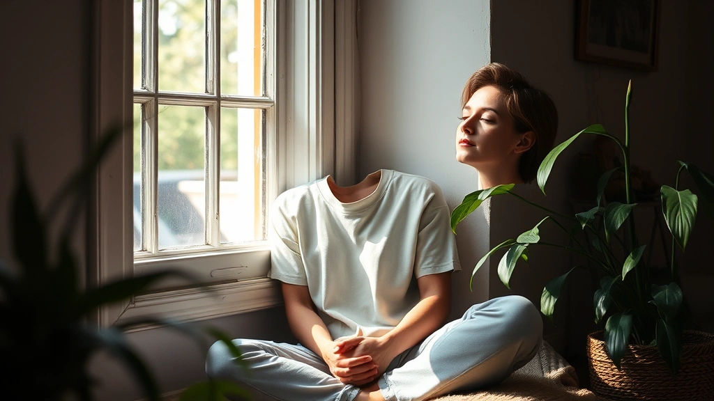 Person sitting peacefully by a window with natural light streaming in, looking thoughtful and calm, surrounded by plants and soft textures, embodying inner peace and reflection.
