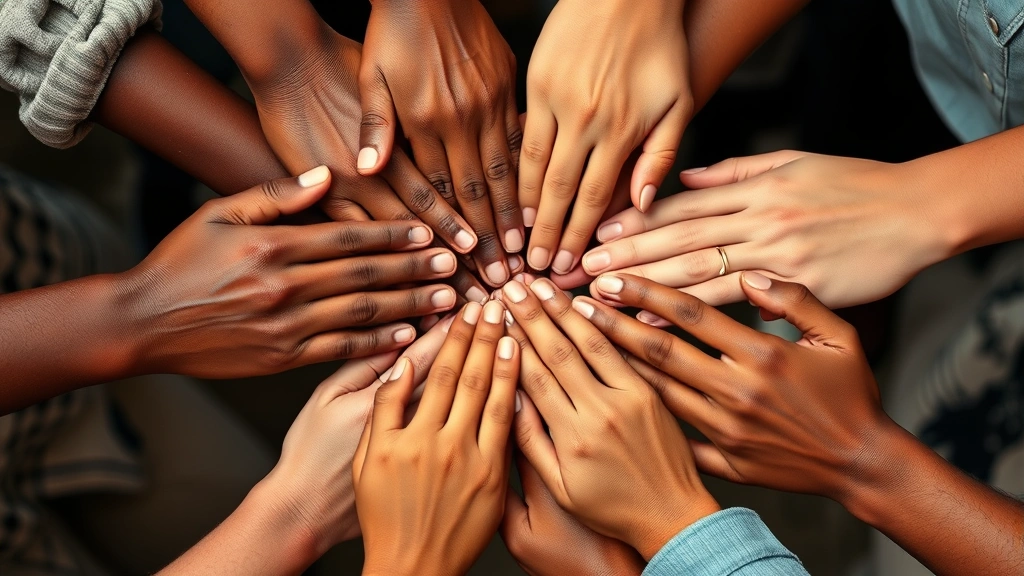 Close-up of hands coming together in a supportive circle, diverse skin tones, showing connection and community support without any text or faces visible.