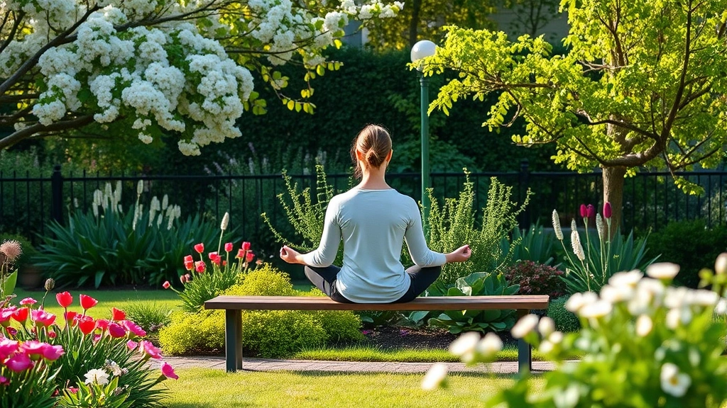 Serene outdoor scene with person meditating on a bench in a garden, surrounded by blooming flowers and greenery, depicting mindfulness and mental wellness practice.