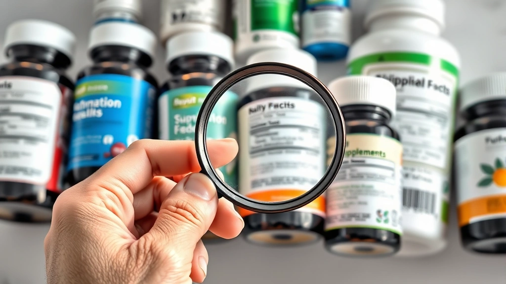 Close-up of hands holding a magnifying glass over health supplement bottles and nutritional labels, examining details carefully in natural lighting