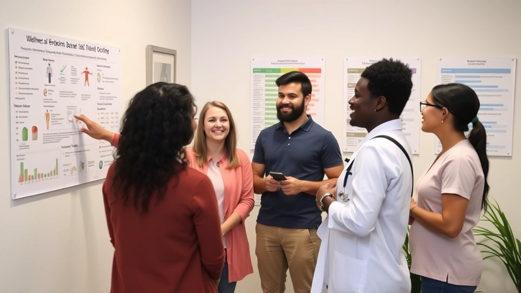 A diverse group of people in a wellness clinic setting discussing health information with a healthcare professional pointing to evidence-based charts on a wall