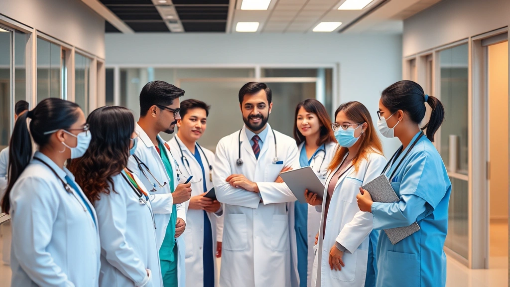 Diverse healthcare team in modern clinical setting with doctors, nurses, and staff collaborating, warm lighting, professional atmosphere, no text