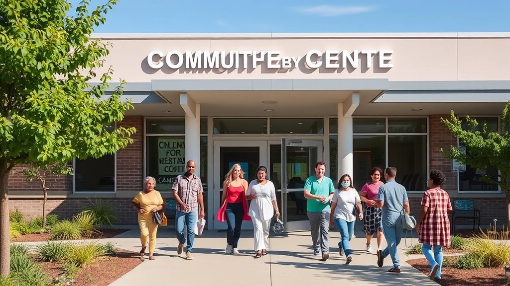 Community health center exterior with diverse patients arriving, welcoming architecture, natural daylight, inclusive atmosphere, no text