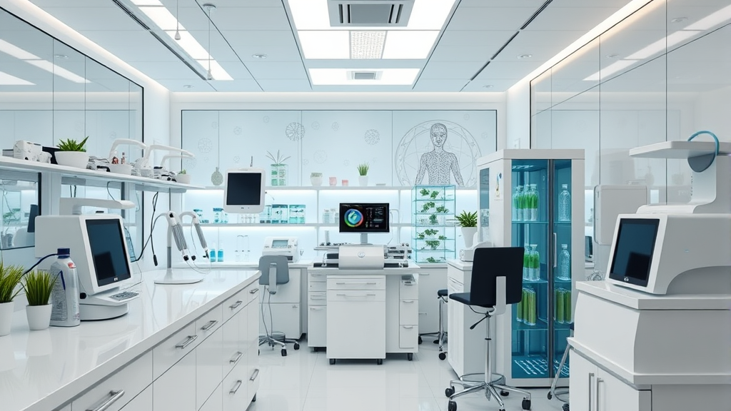 Modern medical laboratory with advanced testing equipment and holistic wellness symbols, clean professional environment, no text no words no letters