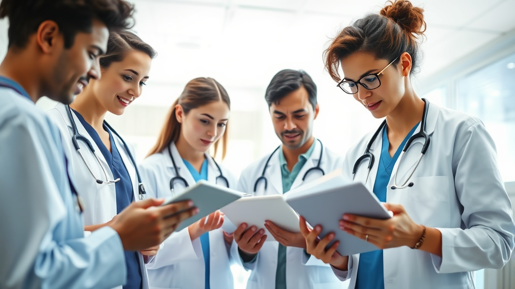 Diverse healthcare professionals reviewing comprehensive test results on digital tablets in bright clinical setting, no text no words no letters