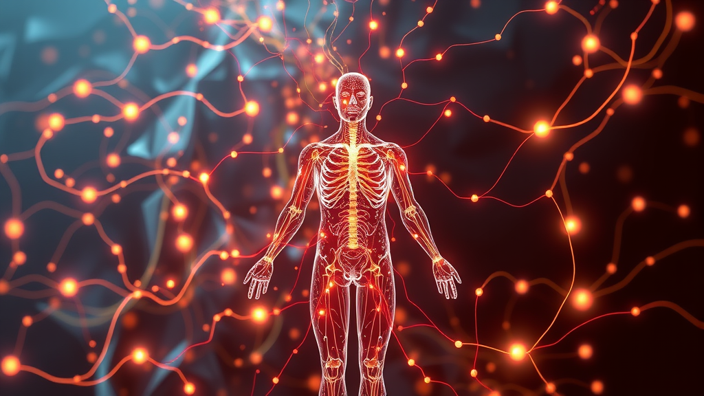 Abstract representation of interconnected body systems with flowing energy patterns and health data visualization, no text no words no letters