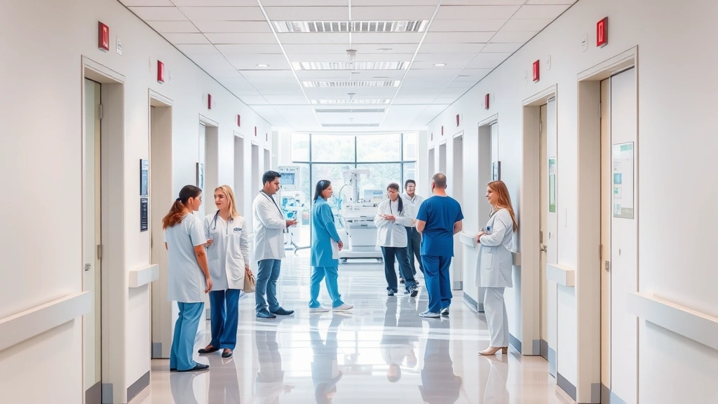 Modern healthcare facility interior with clean corridors, medical staff collaborating, bright natural lighting, contemporary medical equipment visible in background, diverse professionals working together