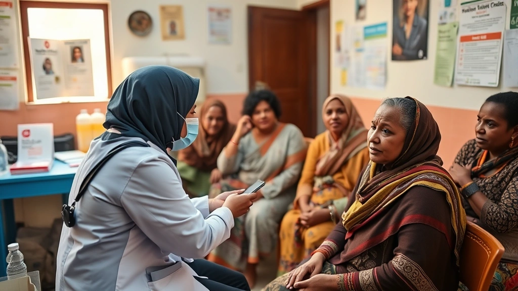 Community health worker conducting health screening in diverse neighborhood clinic setting, patient and provider in supportive interaction, warm lighting, culturally inclusive environment with health education materials
