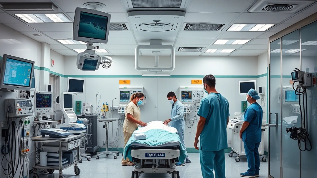 Hospital emergency department with medical team responding to patient care, advanced monitoring equipment, organized clinical workflow, diverse healthcare professionals in action, professional medical environment