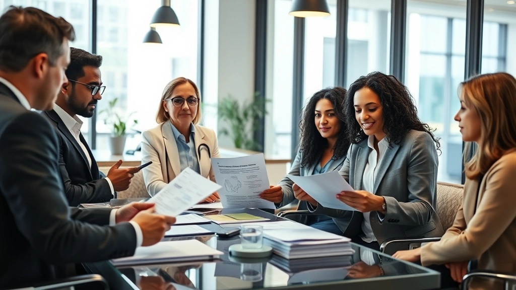 A diverse group of entertainment professionals in a modern office setting reviewing health documents and discussing benefits, warm natural lighting, professional atmosphere