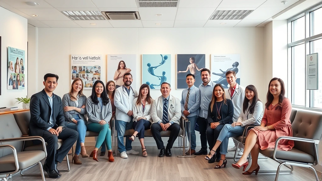 Professional actors and performers in a modern medical clinic waiting room with diverse backgrounds, natural lighting, contemporary interior design with comfortable seating and wellness posters
