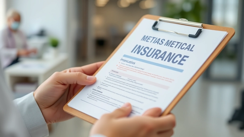 Close-up of hands holding medical insurance documents and a clipboard with healthcare information, soft focus background with office environment