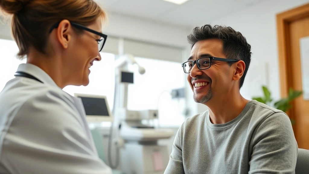 Close-up of healthcare provider and patient during consultation in a bright, welcoming office setting, medical equipment visible in background, genuine interaction and communication