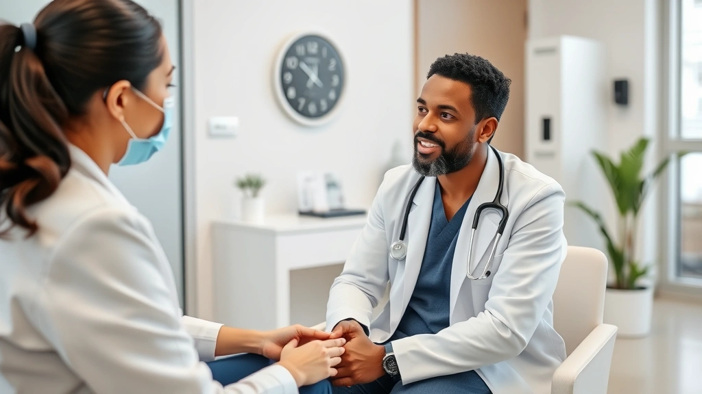 Healthcare provider and patient during a consultation appointment in a contemporary medical office, showing compassionate care interaction, professional medical setting
