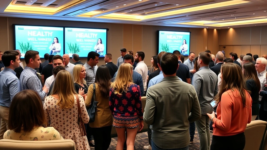 Group of entertainment industry professionals networking at a health and wellness seminar, diverse attendees engaged in conversation, modern conference room with presentation screens and comfort