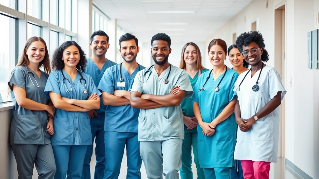 Professional healthcare team in modern hospital hallway wearing scrubs, diverse group smiling confidently, natural lighting, clean contemporary medical facility background
